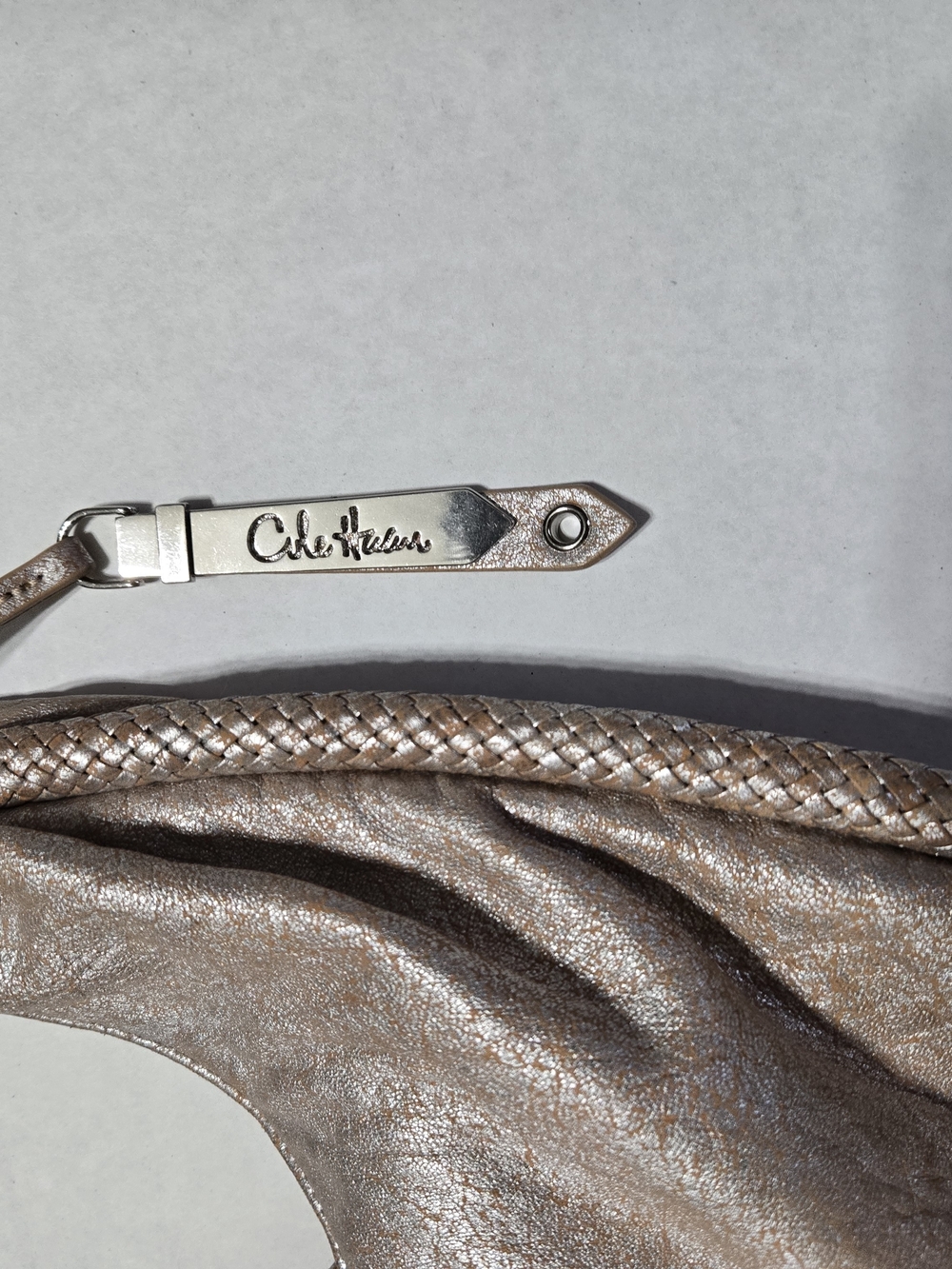 Cole Haan Metallic Champagne Pebbled Hobo Shoulder Bag Tassel & Bag Charm - Picture 2 of 9